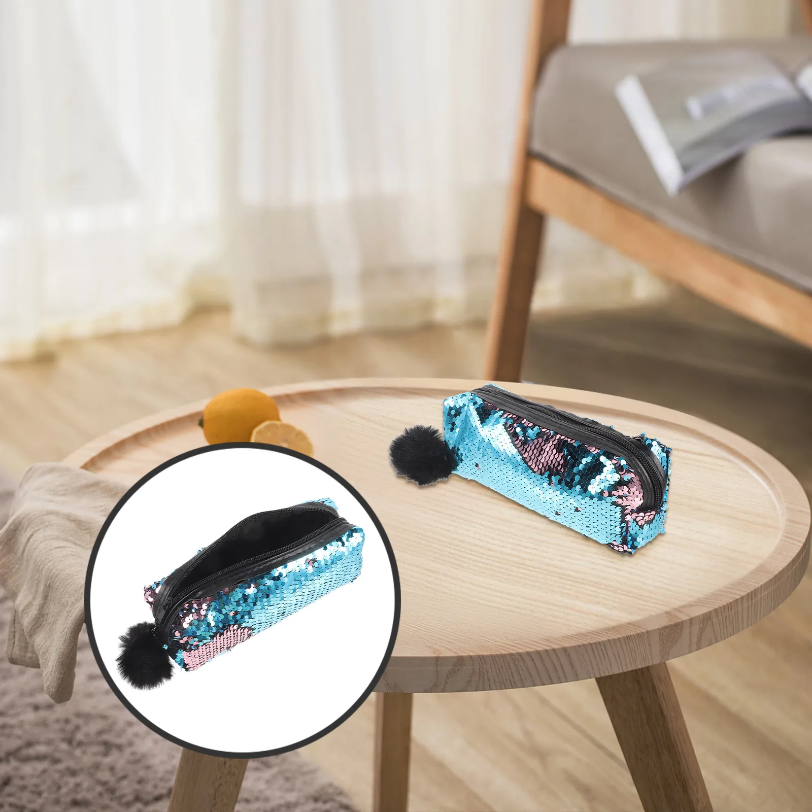 

Синий пенал с блестками, блестящий портативный чехол на молнии, многофункциональная сумка для хранения канцелярских принадлежностей и монет