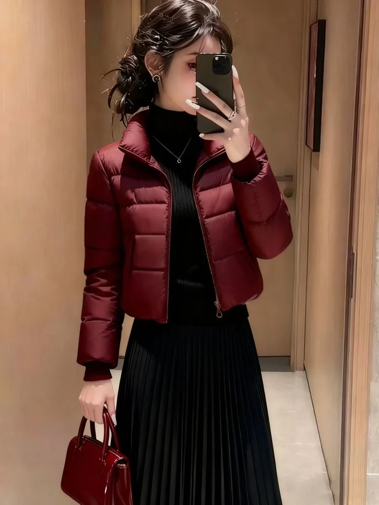 

Winter New Style Women's Slim Fit Short down Cotton Jacket Red Wine Color Stand Collar Warm Fashionable Korean Version Coat
