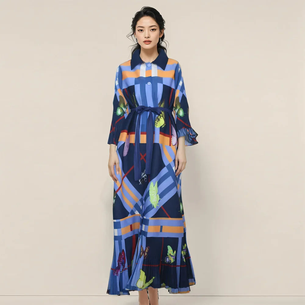 

Miyake Style Pleated Dress for Women 2025 New Fashion Printed Loose Large Size Lapel Single-breasted Ruffled Shirt Pleated Skirt