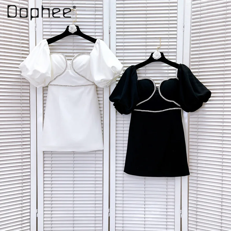 

Elegant Rhinestones Trim Chest-Wrap Black Dress Woman 2024 Spring and Summer New Fashion Short Puff Sleeve Square Collar Dresses