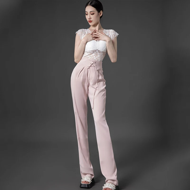 2023 New Modern Dance Performance Costumes For Women White Sling Tops Pink Pants Suit Chacha Samba Latin Dance Clothes DQS13282