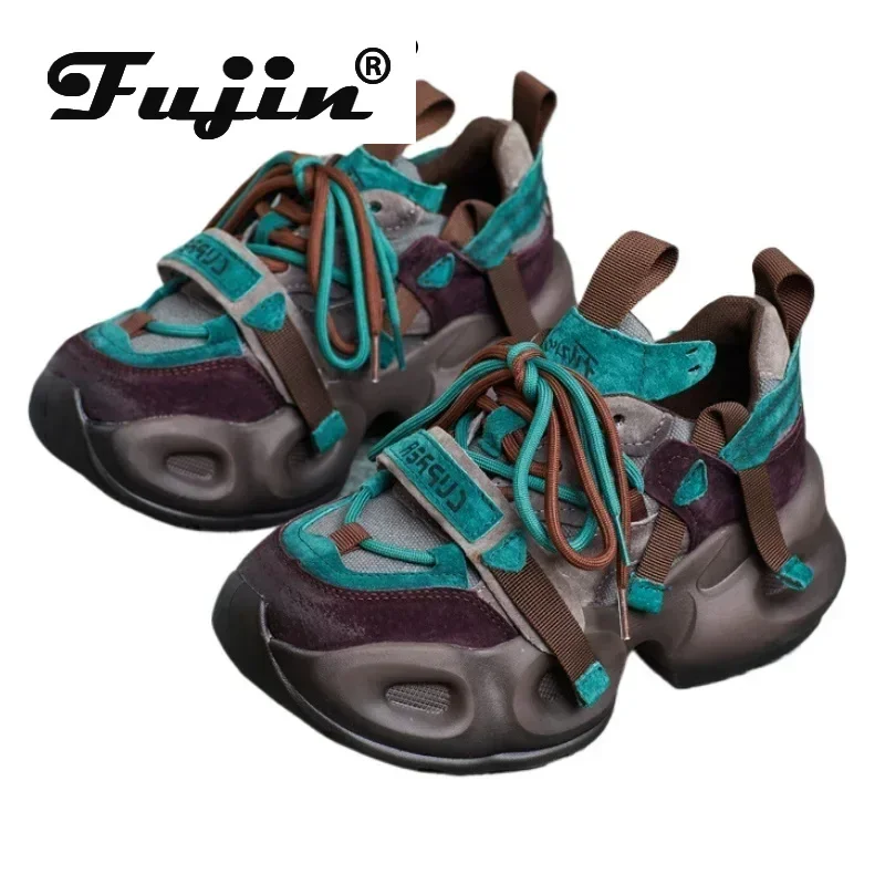 

Fujin 5.5cm Platform Chunky Sneakers Vulcanize Shoes Cloth Denim Pigskin Leather Women Loafer Flats Summer Spring Autumn Loafer