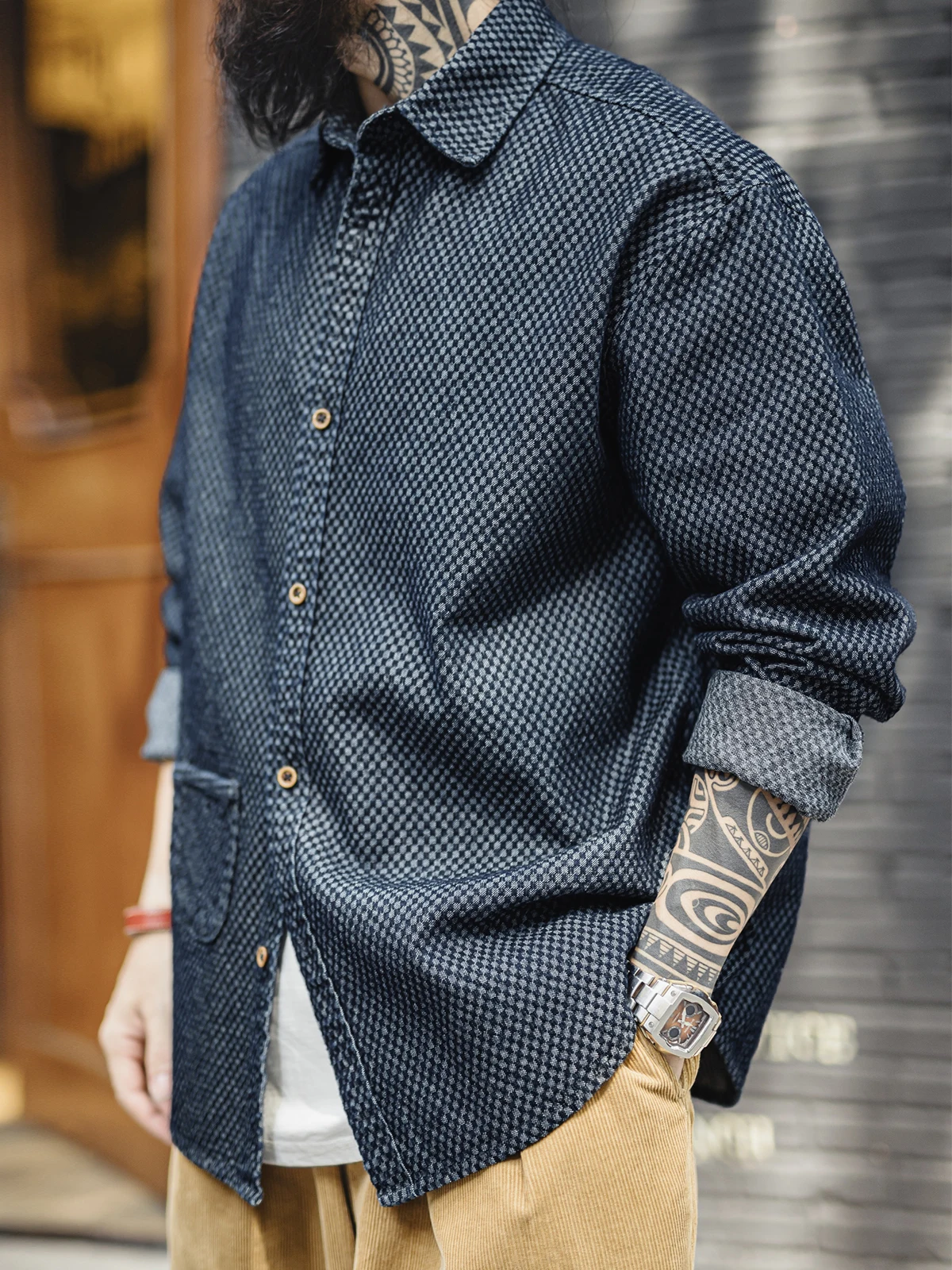 

Maden American Retro ids Denim irt Jaet Свободные длинные светящиеся отложные воротники Мужские весенние дышащие удобные хлопковые повседневные