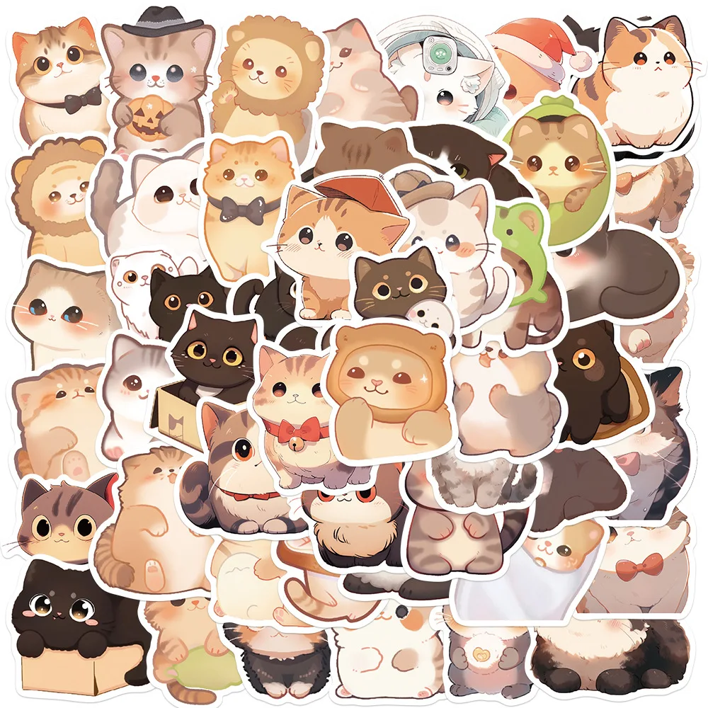 50PCS Kawaii Cat Stickers PVC Cartoon Cute Decals Toy Stationery Guitar Aesthetic Decorations School Supplies For Children