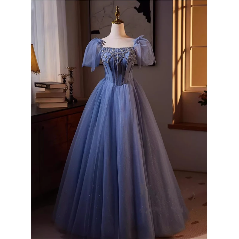 Bespok Occasion Evening Dress Blue Square Collar Short Sleeves Beads Lace up A-line Floor-length Plus size Party Formal Gown