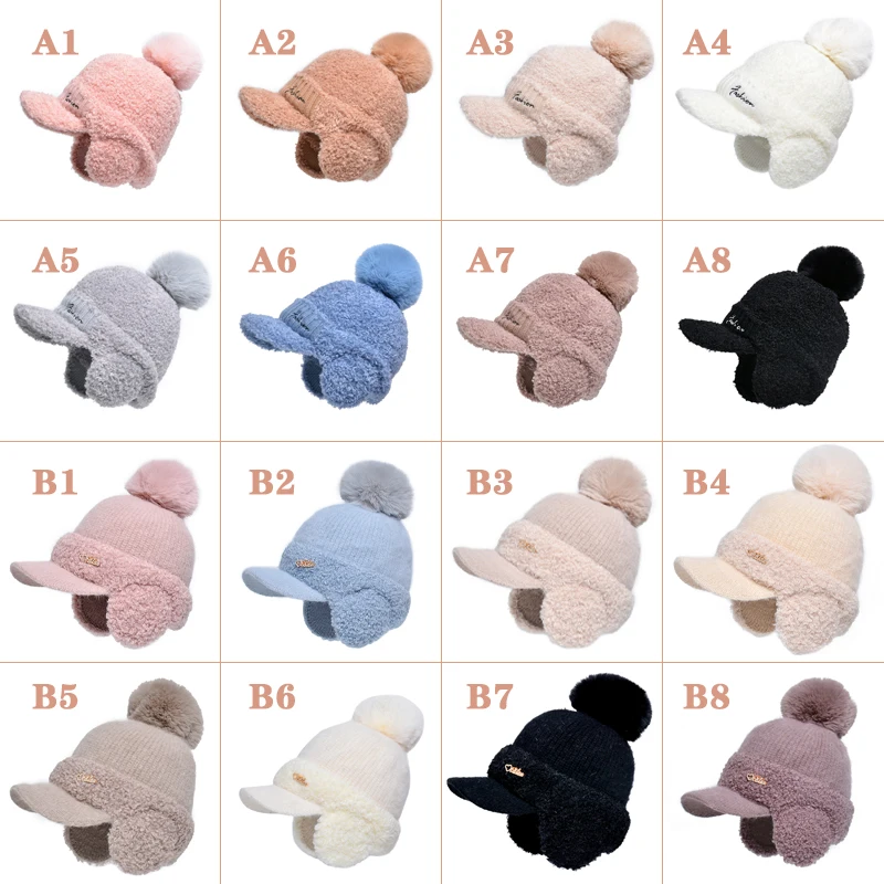 Knitted Wool Hat Girl Ear Protection Baseball Cap Winter Outdoor Windproof Warm Lovely Velvet Thickened Elastic Ball Ball Cap