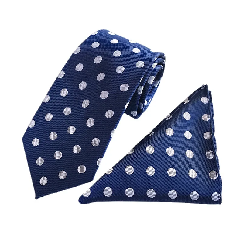 Hot Sale 2pcs Fashion Classic Suit Accessories 8cm Dot Polyester Tie 25*25CM Handkerchief for Men Neckties Hanky Pocket Square