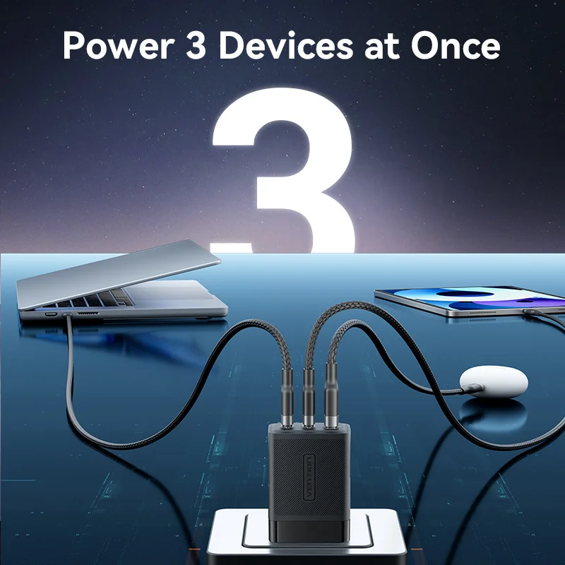 Зарядное устройство Vention сетевое с USB-портами и поддержкой быстрой зарядки, 65 Вт