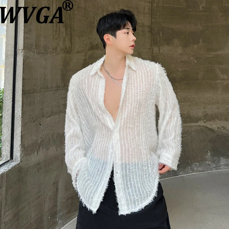 

WVGA Summer New Men Tide Trendy Fashionable Sheer Shiny Long Sleeve Shirt Niche Chic Casual Turn-Down Collar Tops Ins Y2K W19520