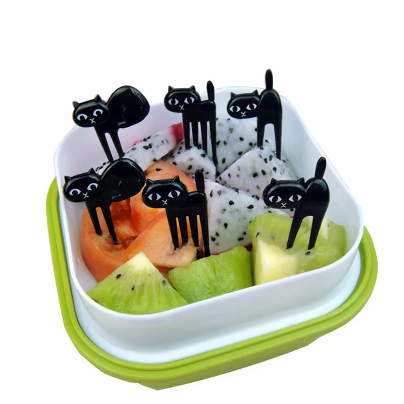 LMETJMA 6 pçs/set Gato Preto Conjunto Garfo de Frutas Festa de Aniversário Comida Garfo de Frutas Animal Palito de Frutas Bento Almoço Para Crianças D0004