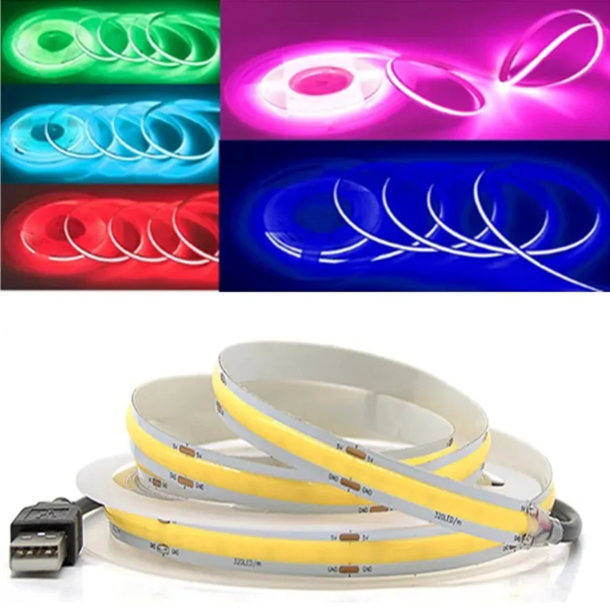 

USB COB Strip DC 5V 320Leds/M Red/Pink/White/Ice Blue/Yellow Cabinet Light Lamp TV Backlight Flexible Ribbon Rope LED Strip