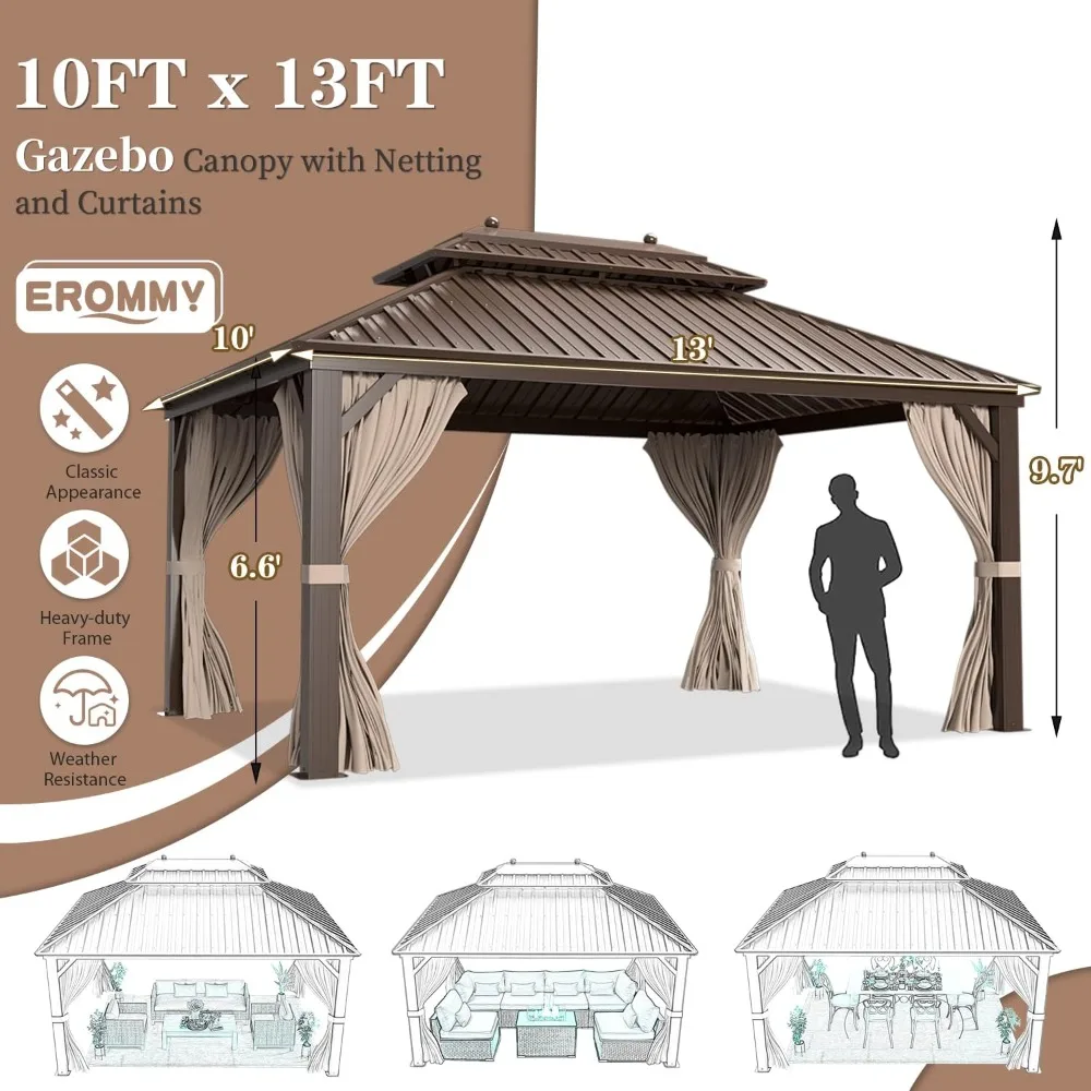 10'x13' Hardtop Gazebo, Galvanized Steel Outdoor Aluminum Canopy with Netting and Shaded Curtains, Double Roof Pergolas