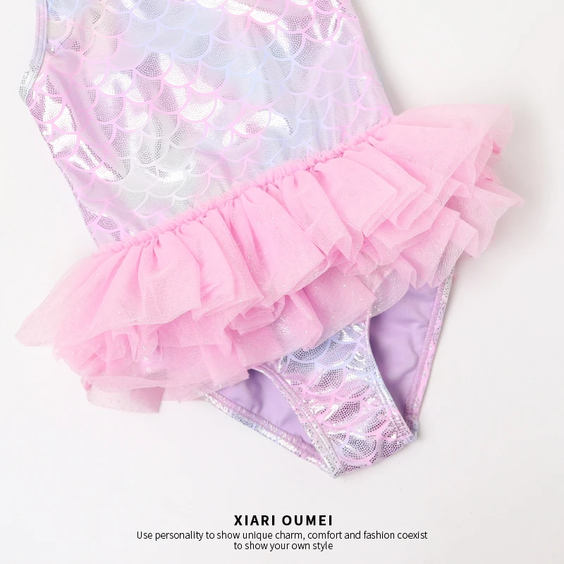 

iny Princ Sle Children's Swimsuit with Skirt Train adient Color Mermaid Design Girls' Bathing Suit