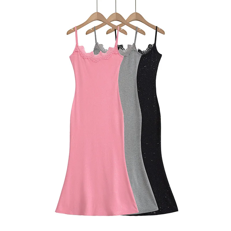 Camis feminino de verão serve para todo o vestido maxi de renda com deslizamento longo