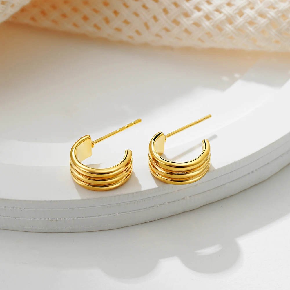 Fashion Minimalist Stainless Steel Gold Color Three Layer C Shape Stud Earrings Prevent Waterproof Charm Jewelry Women Gift