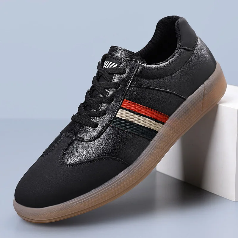 

New Shoes for Man Cow Leather Casual Shoes Fashion Striped Flat Skateboard Street Lace-up Sneaker
