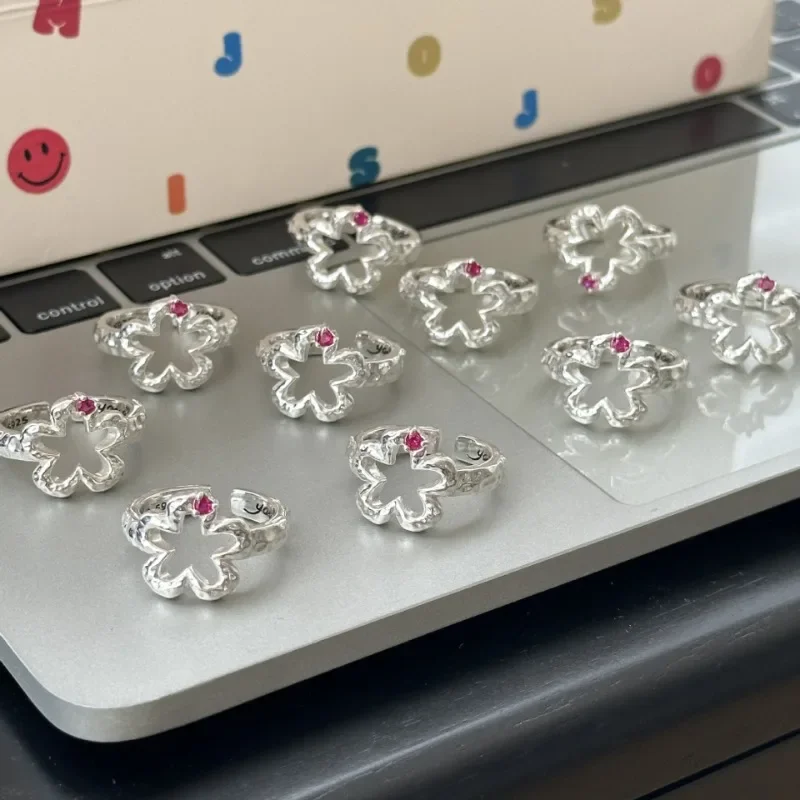 

925 Sterling Silver Geometry Hollow Flower Red Dots Zircon Adjustable Opening Ring for Women Fine Jewelry Minimalist Accessories