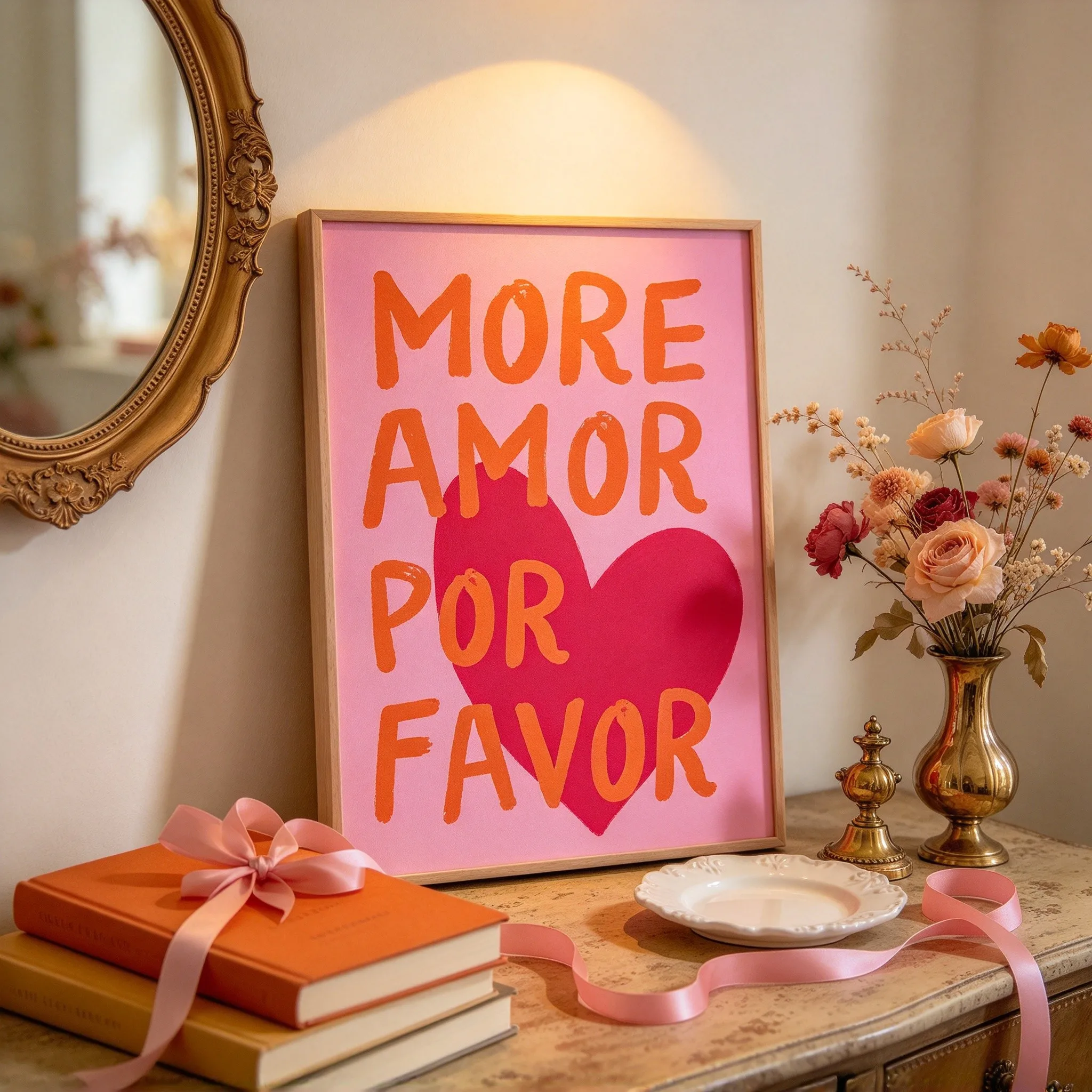 Romantic Retro Art Print Unframed Pink Background Love Typography Poster More Amor Por Favor Heart Wall Decor Valentine Gift