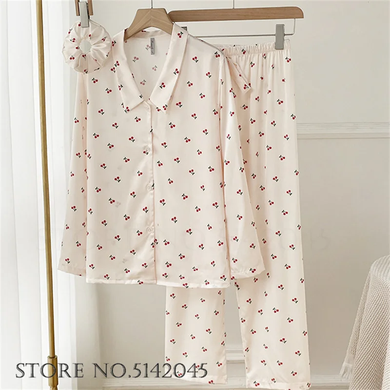 Print Cherry Long Sleeve Trouser Pijamas Suit Spring Autumn Female Pajamas Set Loungewear Intimate Lingerie Loose Satin Homewear