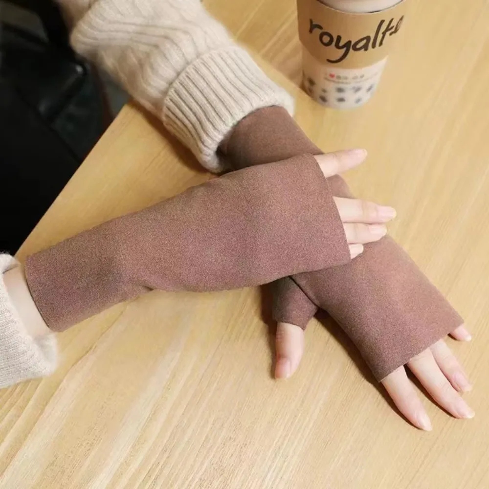 

Touch Screen Fingerless Gloves Soft Velvet Solid Color Velvet Mittens Wrist Palm Protection Half Finger Gloves Winter