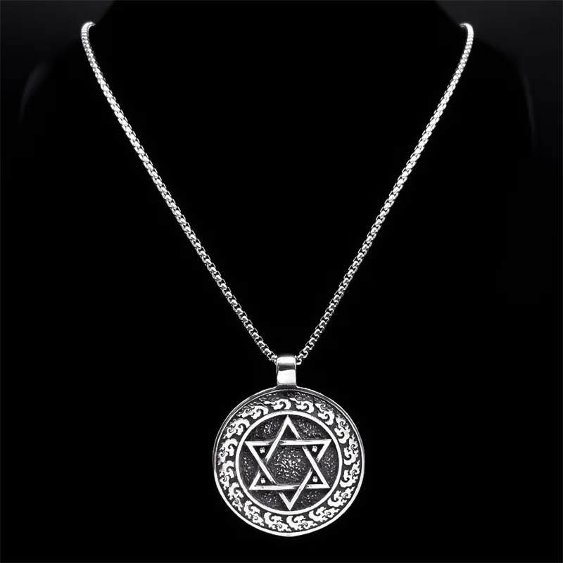 King Solomon Hexagram Amulet Necklace for Women Men Stainless Steel Silver Color Jewish Star of David Pendant Jewelry NZZ394S06