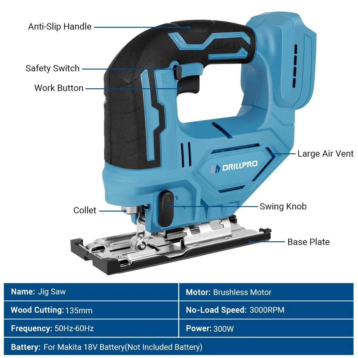 Drillpro 브러시리스 전기 지그 톱 블레이드, 0-45 ° 조절 가능, 스크롤 톱, 목공 전동 공구, Makita 18V 배터리, 300W