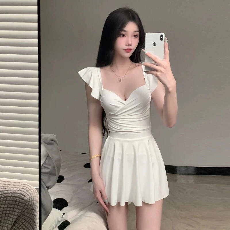 Women's One-Piece Swimsuit 2024 New Style Conservative Belly Covering Slimming Steel Support Gathered Hot Spring Swimming Suit