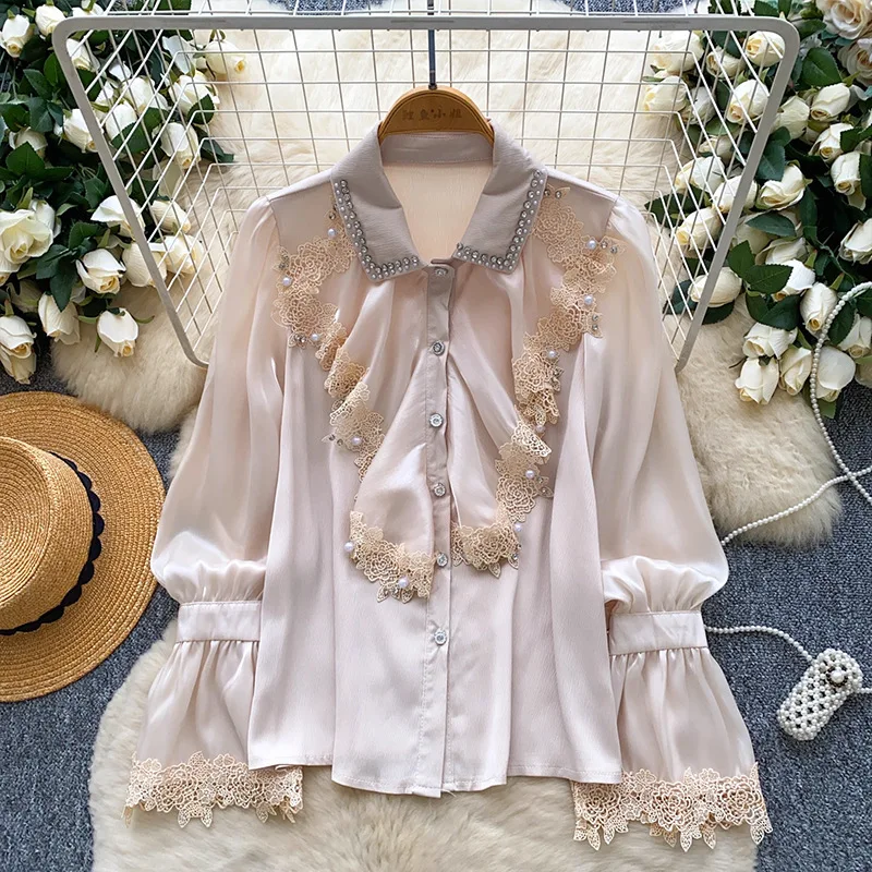 

Легкий роскошный светский стиль во французском стиле, тяжелый, украшенный бриллиантами, воротник-поло, кружевная отделка с рюшами, однобортный атласный рукав-колокольчик