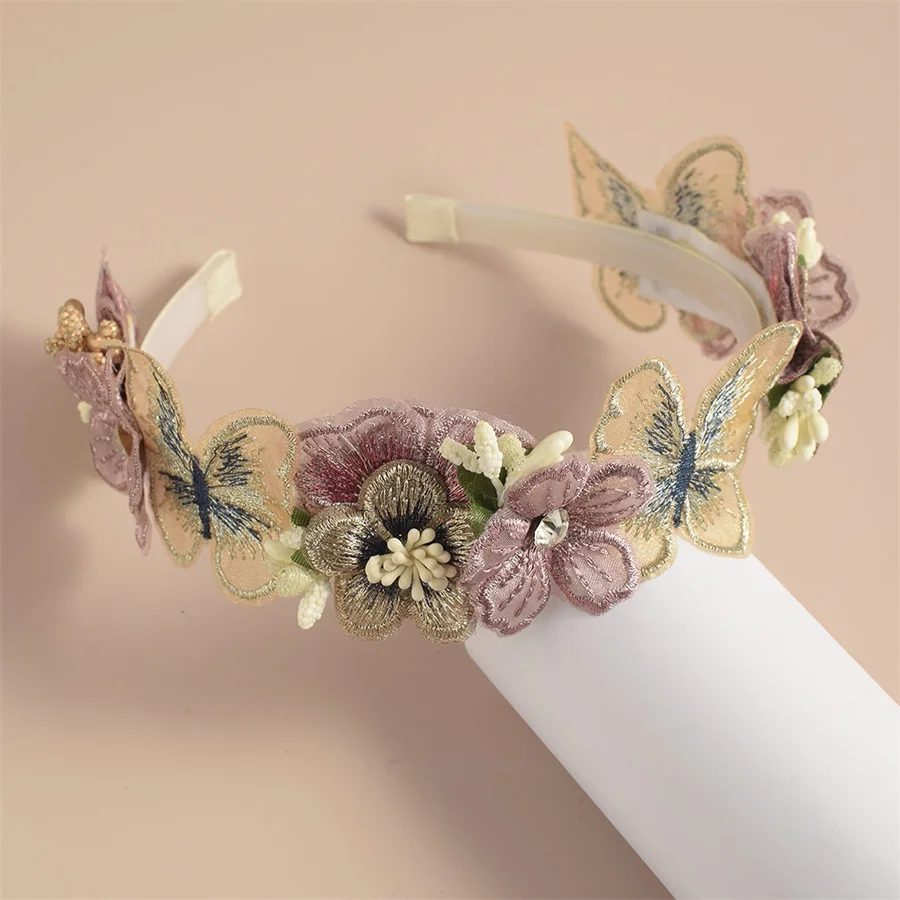 New Handmade Butterfly Flower Girls Headbands Cute Pearl Feather Wedding Crown Princess Dance Party Headwear Hoop Accessories