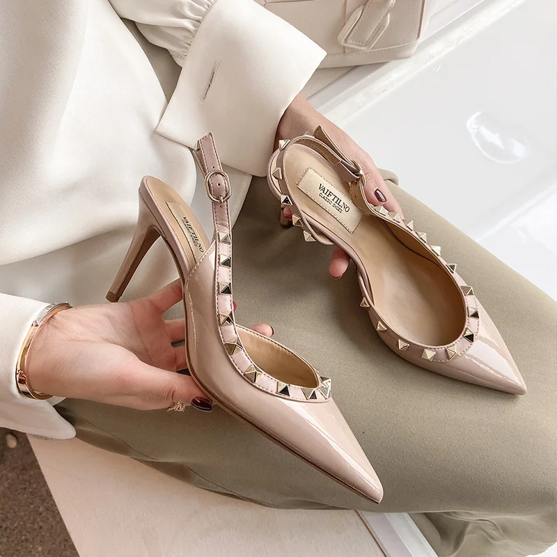 2023 New Summer Lacquer Leather Riveted High Heels Sexy Shallow Mouth Pointed Metal Multicolor Liuding Thin Pumps Sandals Women