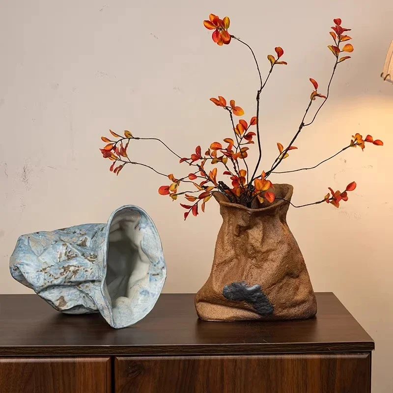 Ceramic Vase Irregularly Wrinkled Cloth Bag Abstract Flower Pot Floral Arrangement Accessories Flowerpot Vases Home Decoration