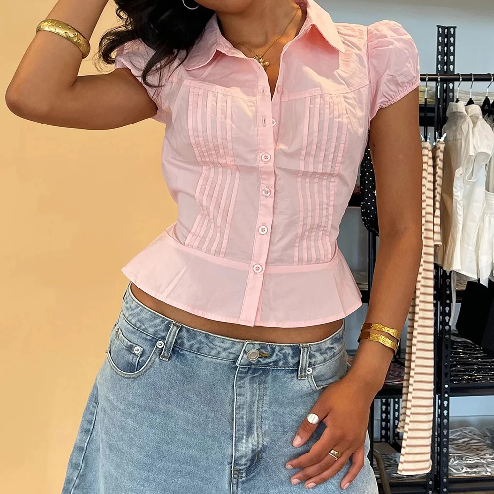 Frauen Kawaii Y2k Kurzarm Button-Down Plissee Bluse Shirts Preppy Coquette Vintage Slim Fit Ausgehen Shirts Crop Tops