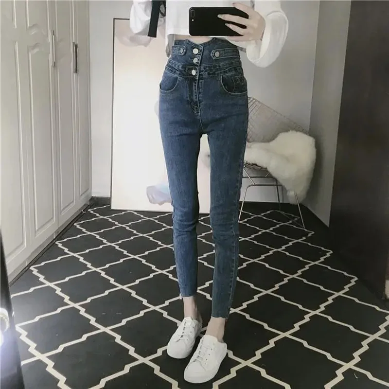 Spodnie jeansowe w stylu koreańskim damskie denimowe spodnie damskie 2022 wysokie zwężone cienkie legginsy Skinny spodnie Vintage dla młodej damy