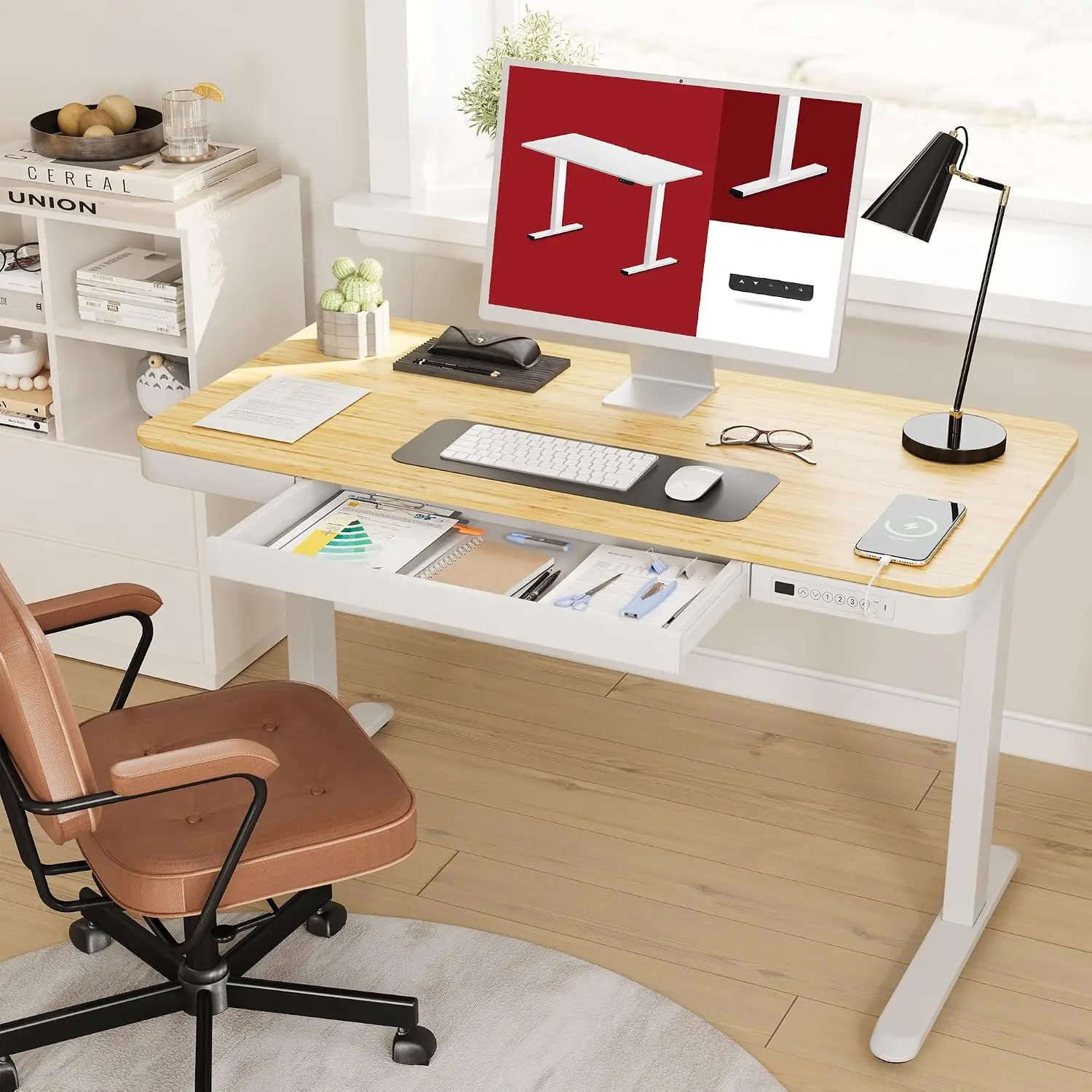 Electric Height Adjustable Standing Desk with Drawer Storage USB Ports 48 inch Bamboo Texture White Frame, Customized