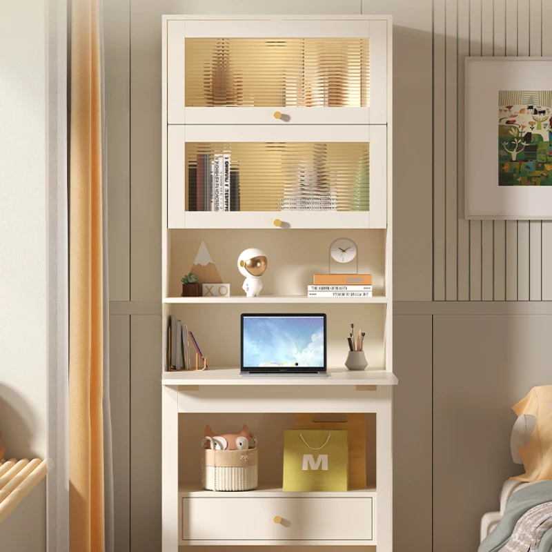 Cream style folding desk bookshelf integrated bedroom connected computer desk bookcase combination household small apartment FL4