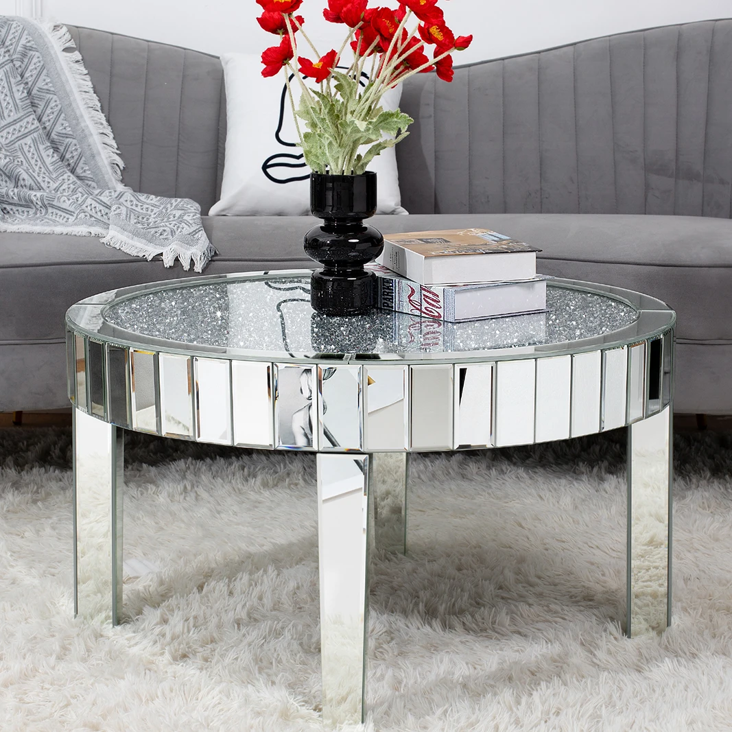 Mirrored Coffee Table with Crystal Inlay, 31.5'' Modern Round Coffee Table with Mirror Surface, Silver Accent Table