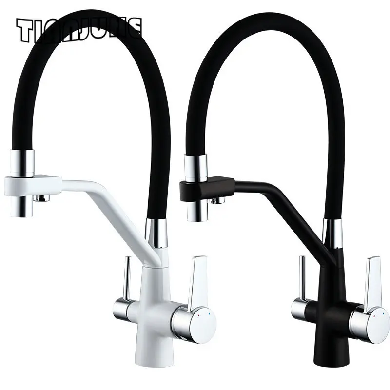 

Pull Down Kitchen Sink Faucet 1 Hole Mount 2 Spout Hot and Cold Temperature Mixer Kitchen Tap Brass with Supply Hoses