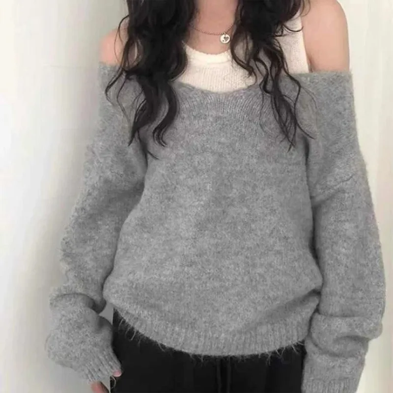 

Шикарный осенний свободный вязаный жилет, мягкий длинный комплект внутренней одежды Sve, удобный свитер с v-образным вырезом, комплект из двух предметов для женщин