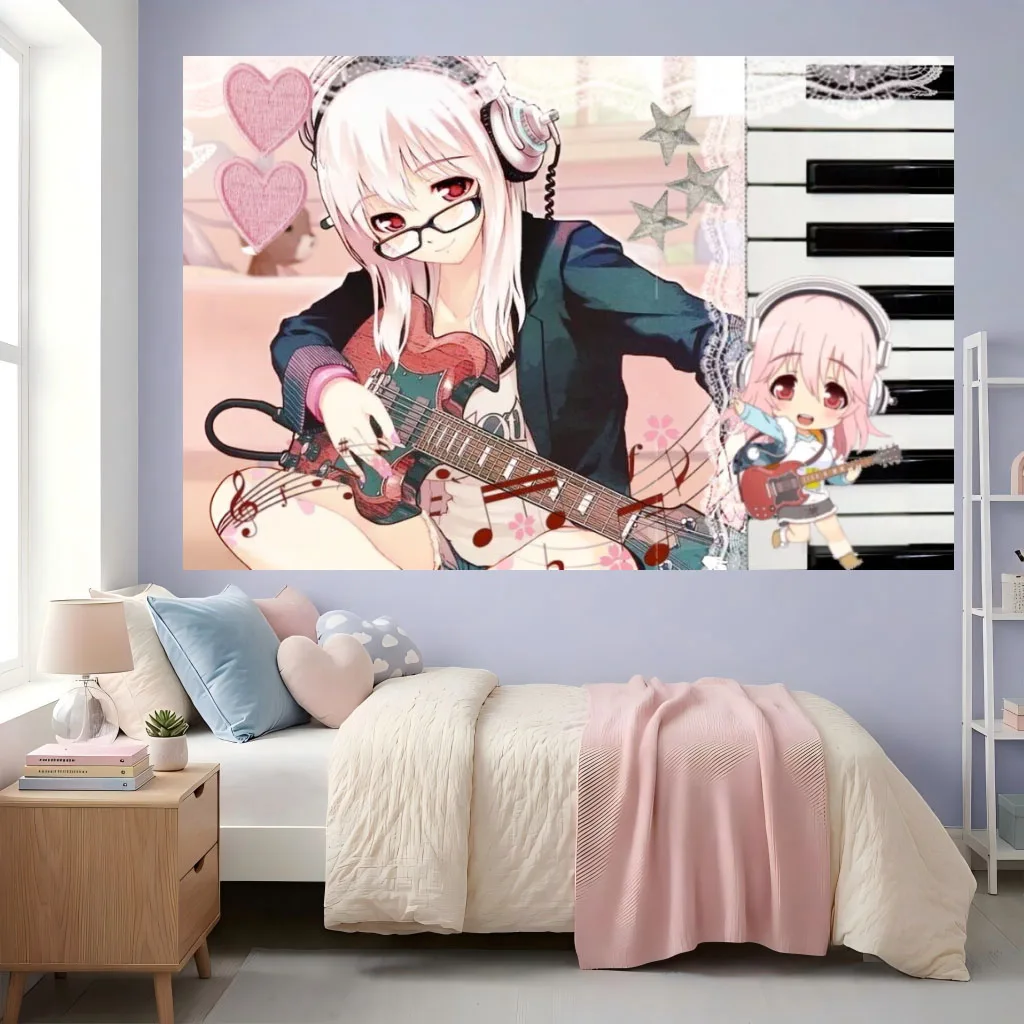 1pc Super Sonico Rock Guitar Tapestry Headphone Music Note Polyester Wall Hanging Kawaii Trendy Dorm Bedroom Living Room decor