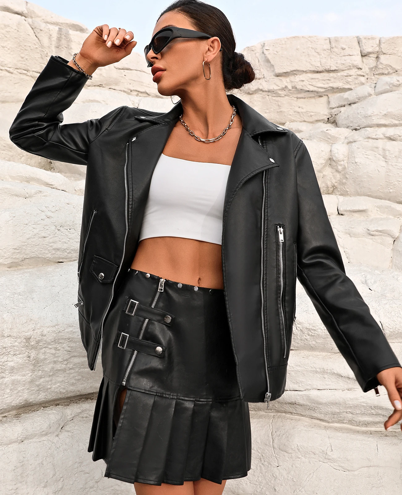 FTLZZ Damska kurtka ze sztucznej skóry PU Vintage High Street Jacket Casual Lady Lapel Zipper Moto Biker Leather Jacket