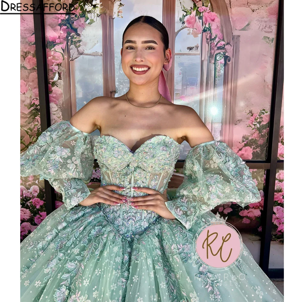 Sage Green Ball Gown 15 Year Old Quinceanera Dresses With Beading Bow Short Sleeves Cinderella Birthday Party Gown