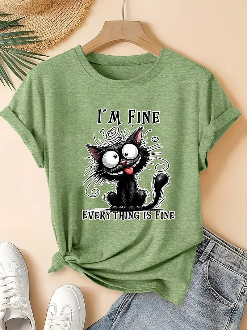 Trendy Fashion Women Cartoon I'm Fine Everything Is Fine Black Cat Print T-Shirt Short Sleeve Summer Cat Tshirt Casual Clothes