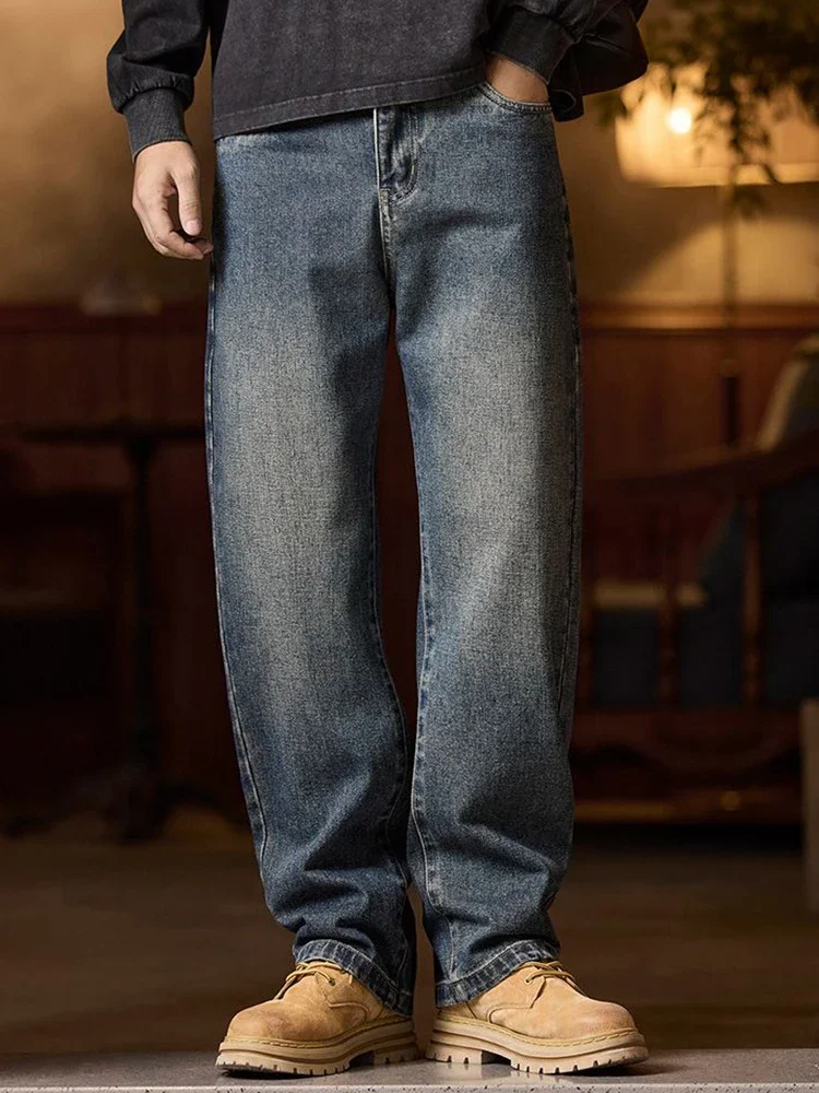 Men's Y2K Blue Denim Jeans Autumn Spring Relaxed Fit Streetwear Casual Wide-leg Pants with Spliced Pockets