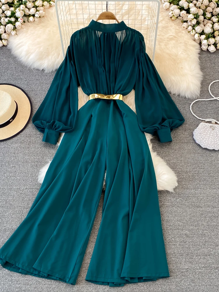 Vintage Women Jumpsuits Autumn Lantern Long Sleeve Stand Collar High Waist Wide Leg Draped Romper Female Elegant Playsuits New