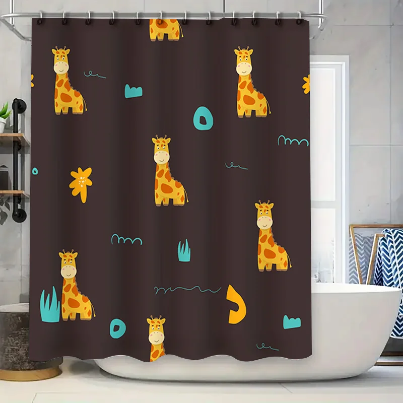 

Современная занавеска для душа с изображением жирафа для детей, декор для ванной комнаты, темно-коричневый, желтый, с цветочным принтом и синими акцентами (59 символов)