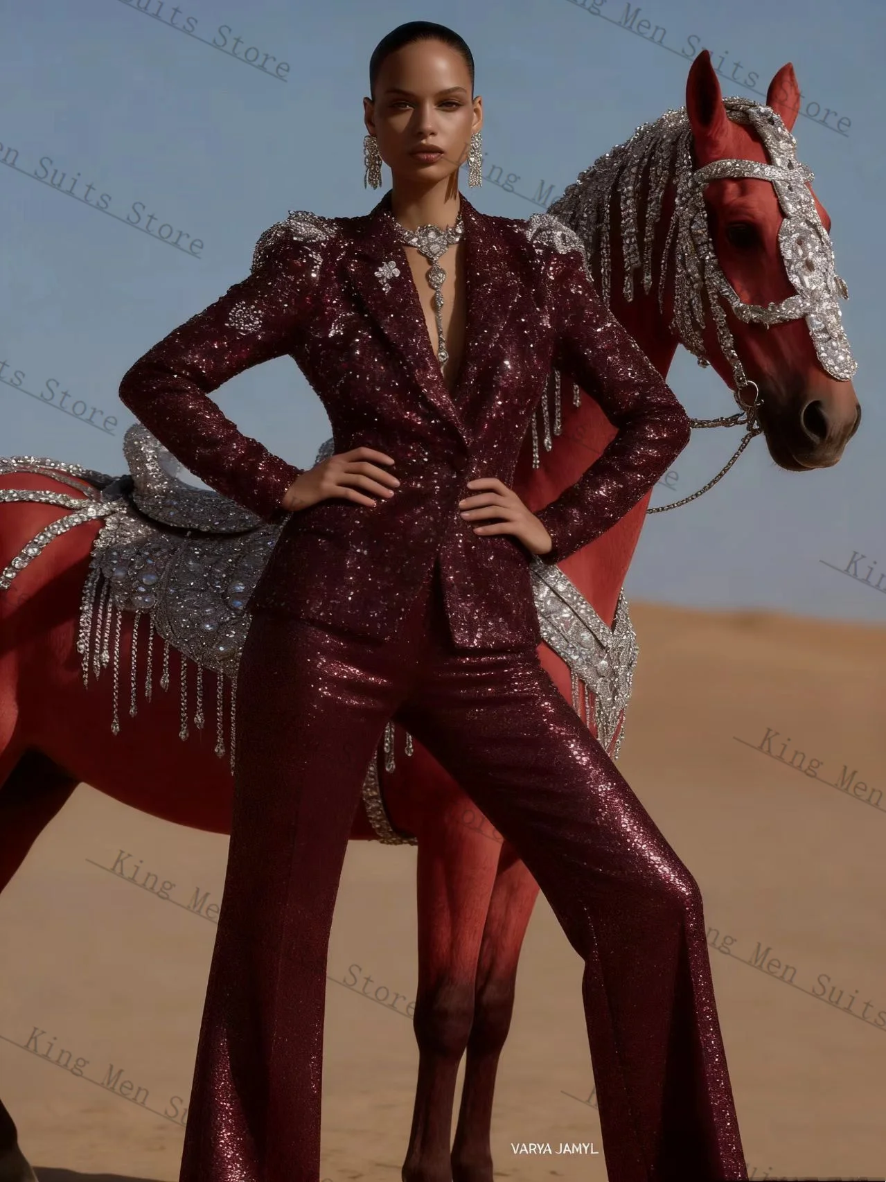 Burgundy Shiny Women Suit Set  - Women'S Formal Wear For Wedding Guest ulasan dan harga