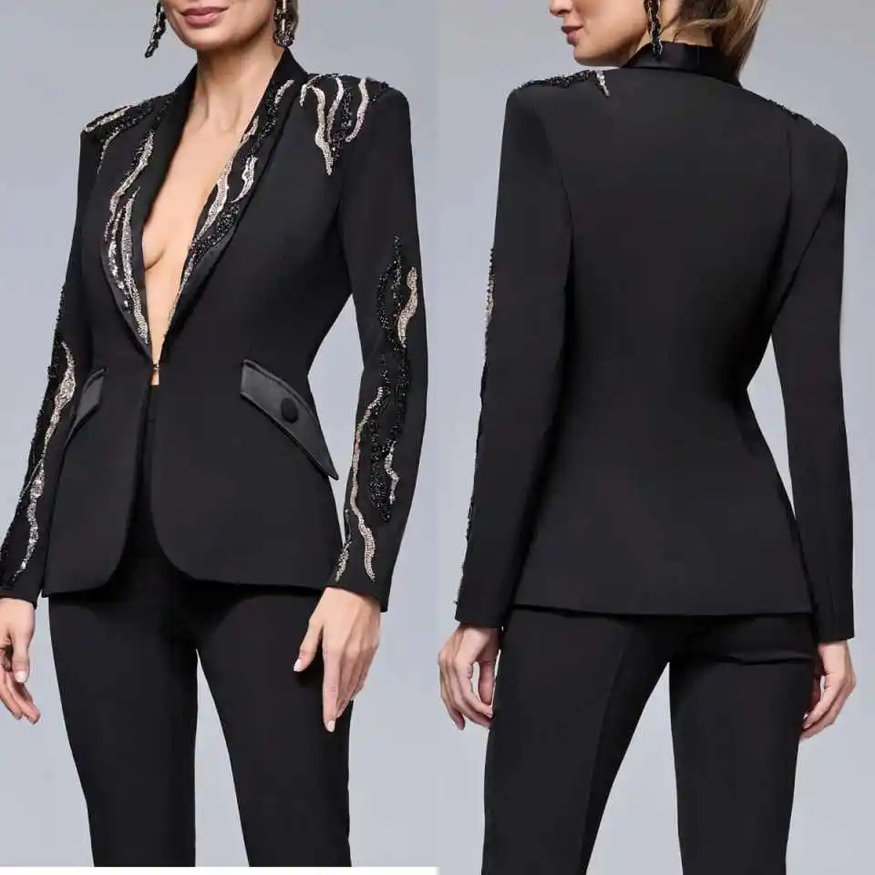 

Modern Beaded Women Suits Long Sleeve Deep V Neck Office Ladies Work Plus Size 2 Pieces Customized Formal Party