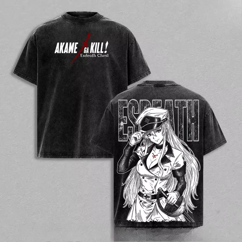 Camiseta de Algodón Lavado con Estampado Gráfico Vintage de Akame Ga Kill Esdeath, para Hombre y Mujer, Holgada, Informal, Talla Grande, Nueva Camiseta de Verano