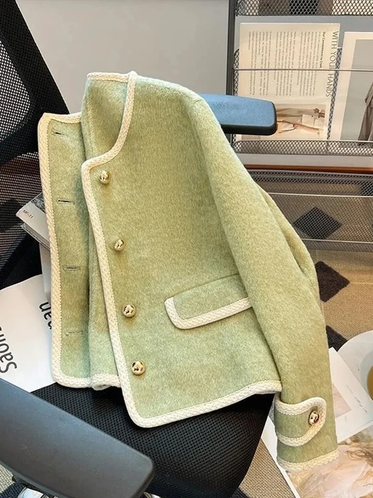 

Sweet Faux Woolen Coats Women Casual Long Sleeve Green Jacket Fashion O Neck Loose Elegant Single Breasted Female Tops New