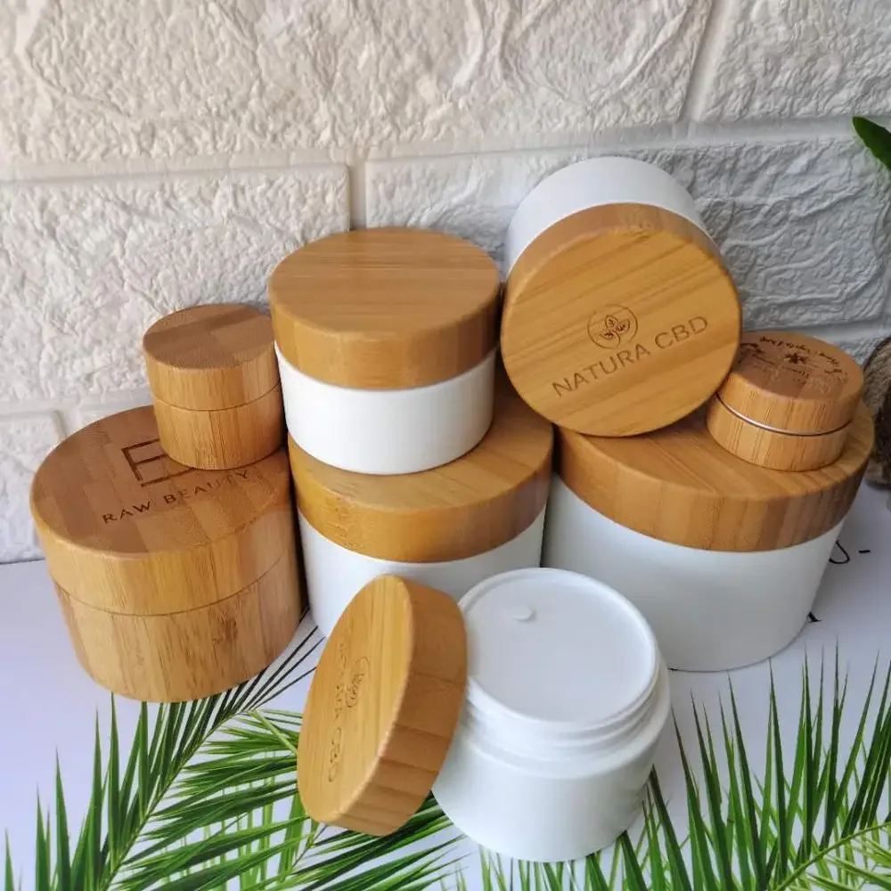 

Luxury Jars 50g 100g 150g White PP Plastic Jar with Bamboo Lid Make-Up Skin Care Container